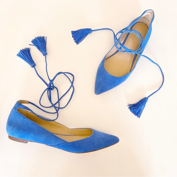 Loeffler Randall || Suede Penelope Tassel Ankle-Wrap Flats Blue 8 - Picture 1 of 6